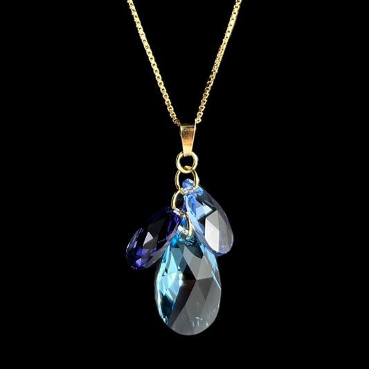 Pendentif avec cristaux Swarovski, argent doré, bleu aquamarine, FLEUR