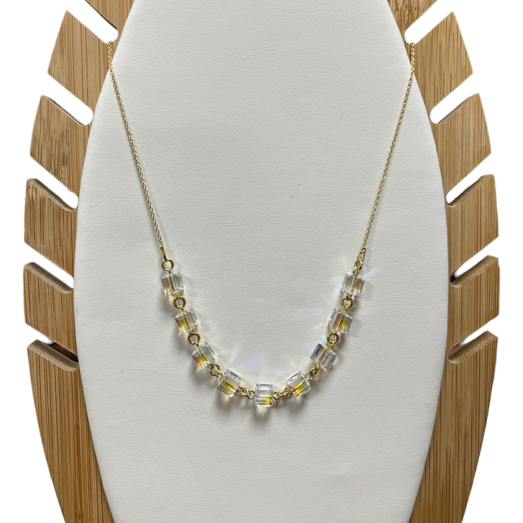 Necklace, Swarovski crystals, gold-plated silver, AB crystal, MULTI-CUBES