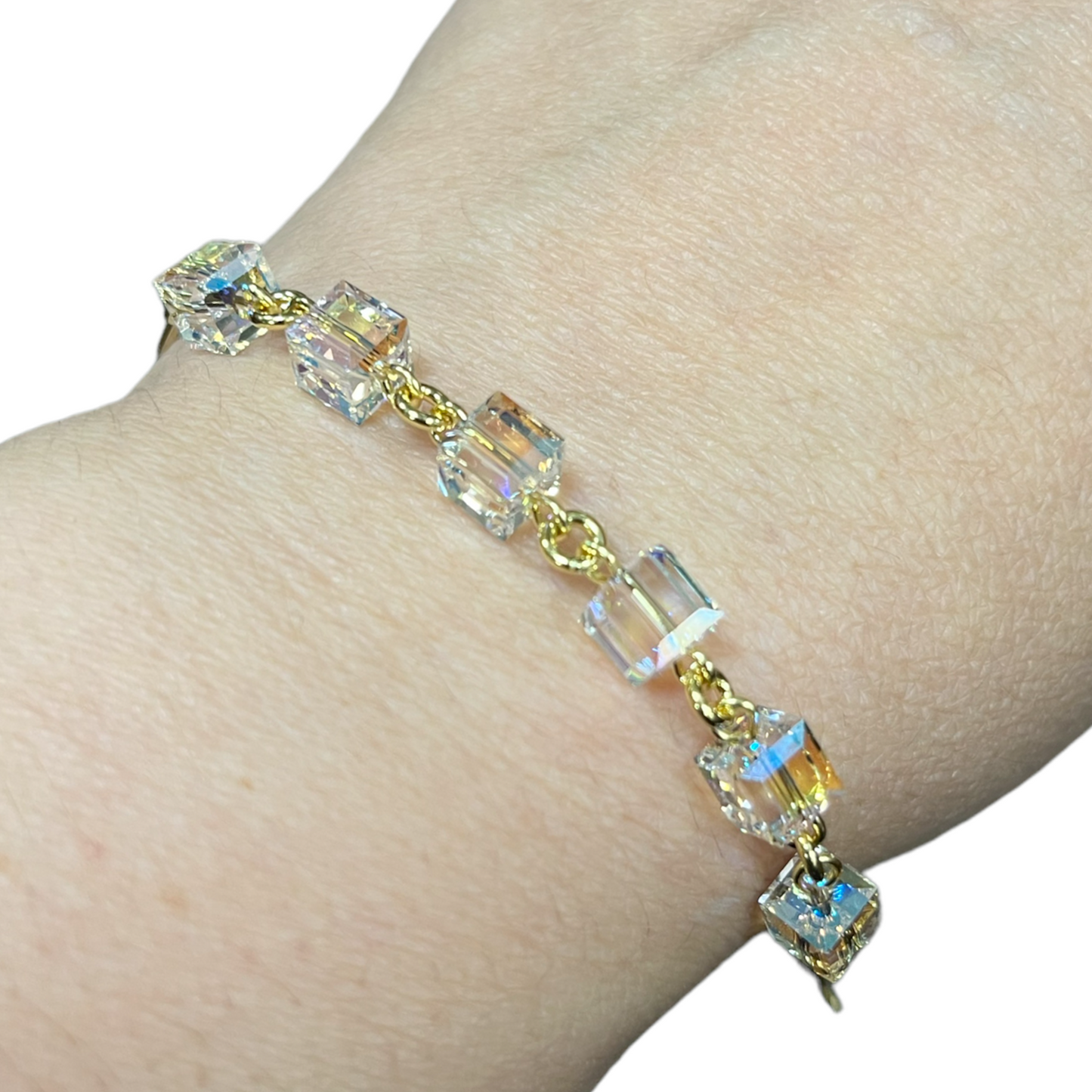 Bracelet, cristaux Swarovski, argent doré, cristal AB, MULTI-CUBES