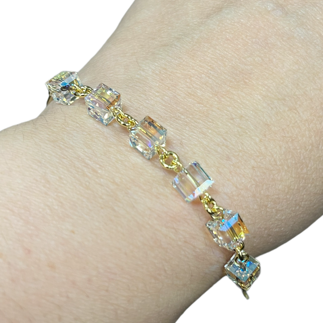 Bracelet, Swarovski crystals, gold-plated silver, AB crystal, MULTI-CUBES