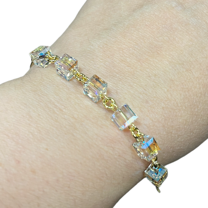 Armband, Swarovski-Kristalle, goldenes Silber, AB-Kristall, Multikuben