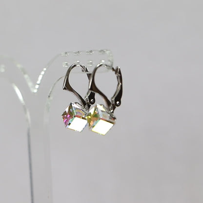 Boucles d'oreilles, cristaux Swarovski, argent rhodié, cristal AB, CUBIC