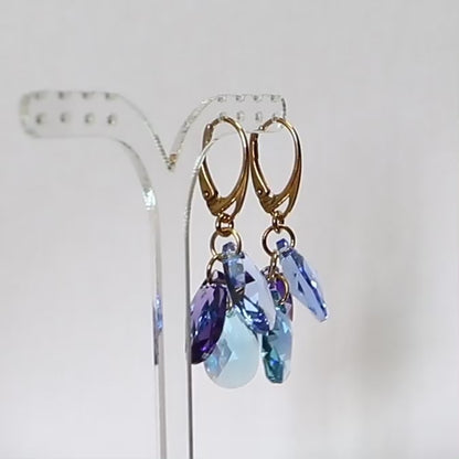 Boucles d'oreilles avec cristaux Swarovski, argent doré, bleu aquamarine, FLEUR