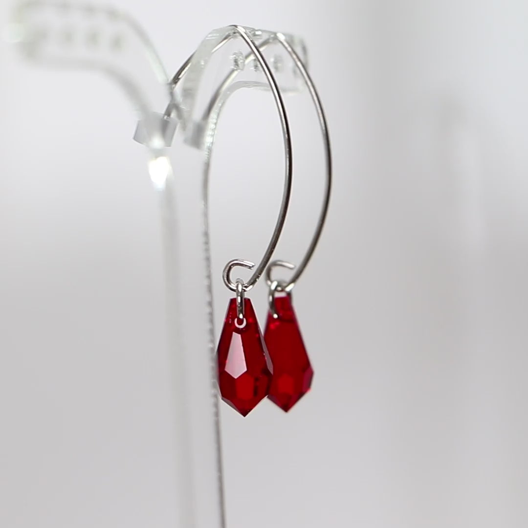 Earrings, Swarovski crystals, rhodium-plated silver, dark red, GRAPE