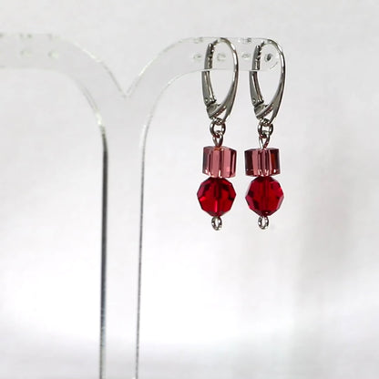 Earrings, Swarovski crystals, rhodium-plated silver, red, POMPON