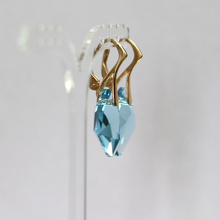 Boucles d'oreilles, cristaux Swarovski, argent doré, bleu aquamarine, ALICIA