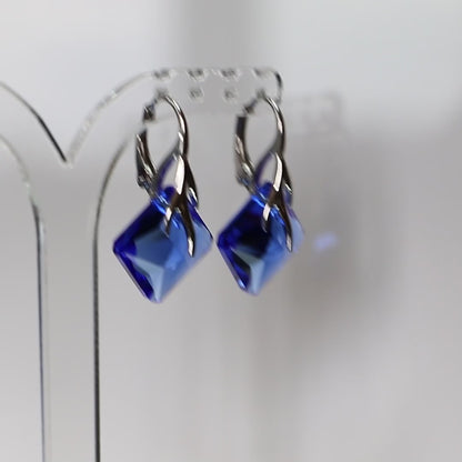 Boucles d'oreilles, cristaux Swarovski, argent rhodié, bleu, AGATHE