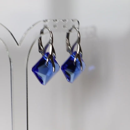 Earrings, Swarovski crystals, rhodium-plated silver, blue, AGATHE