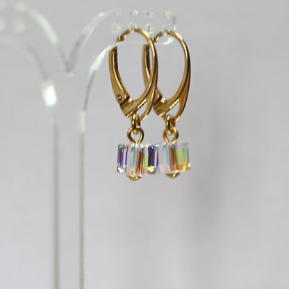 Boucles d'oreilles avec cristaux Swarovski, cristal AB, argent doré, CARRE