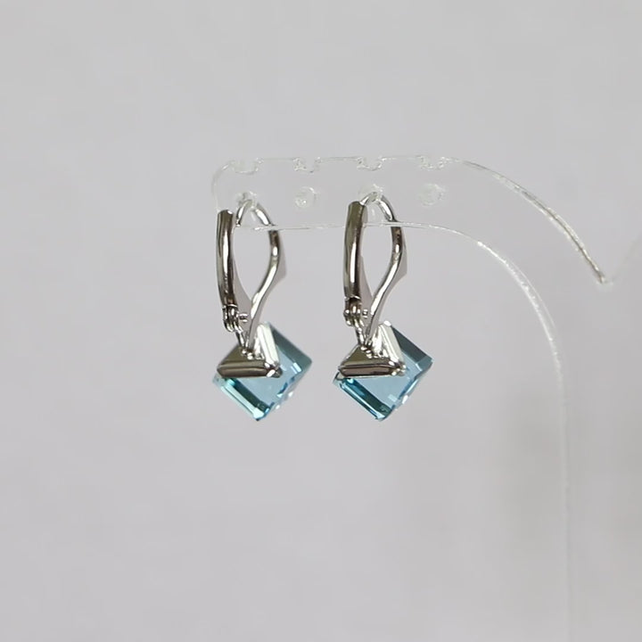 Boucles d'oreilles, cristaux Swarovski, argent rhodié, bleu aquamarine, CUBIC