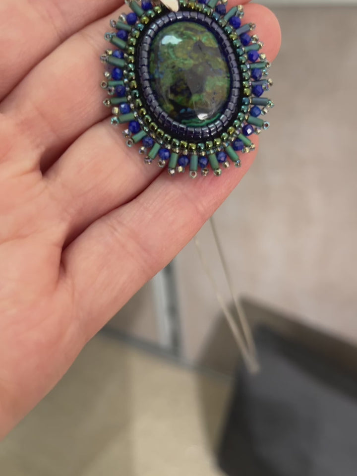 Embroidered necklace with Azurite Malachite and lapis lazuli