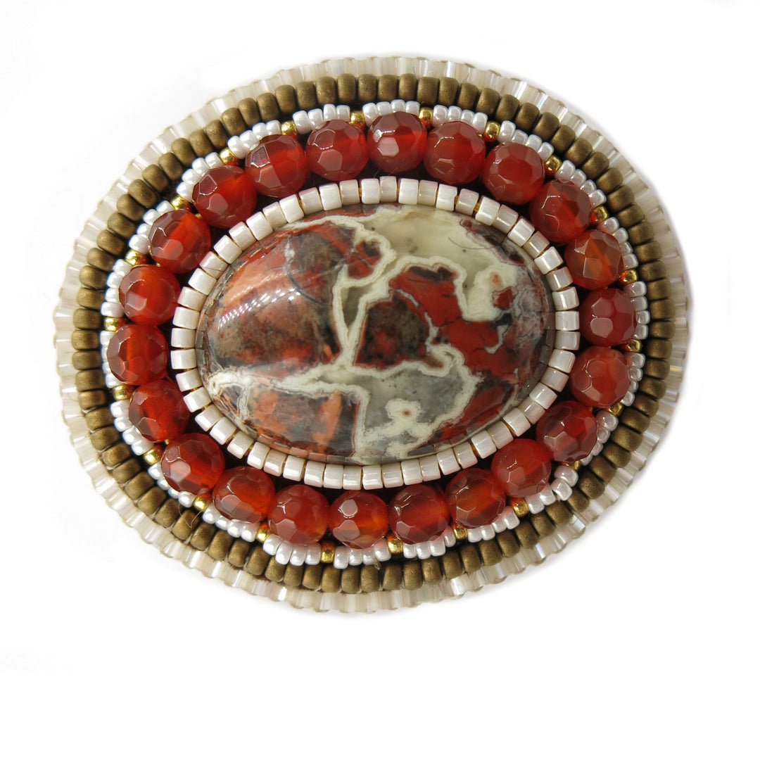 Embroidered brooch, agate, brown/red