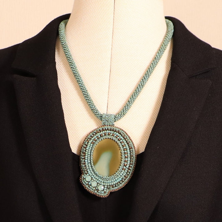 Embroidered necklace with imperial jasper and Swarovski crystals