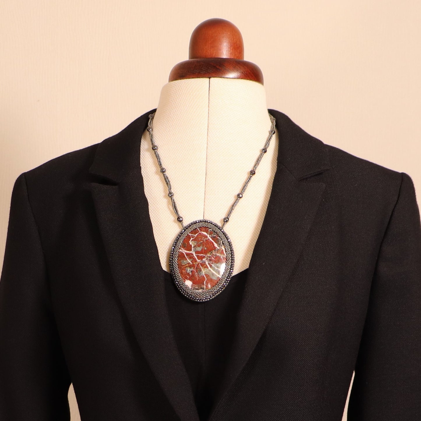 Embroidered necklace with red jasper
