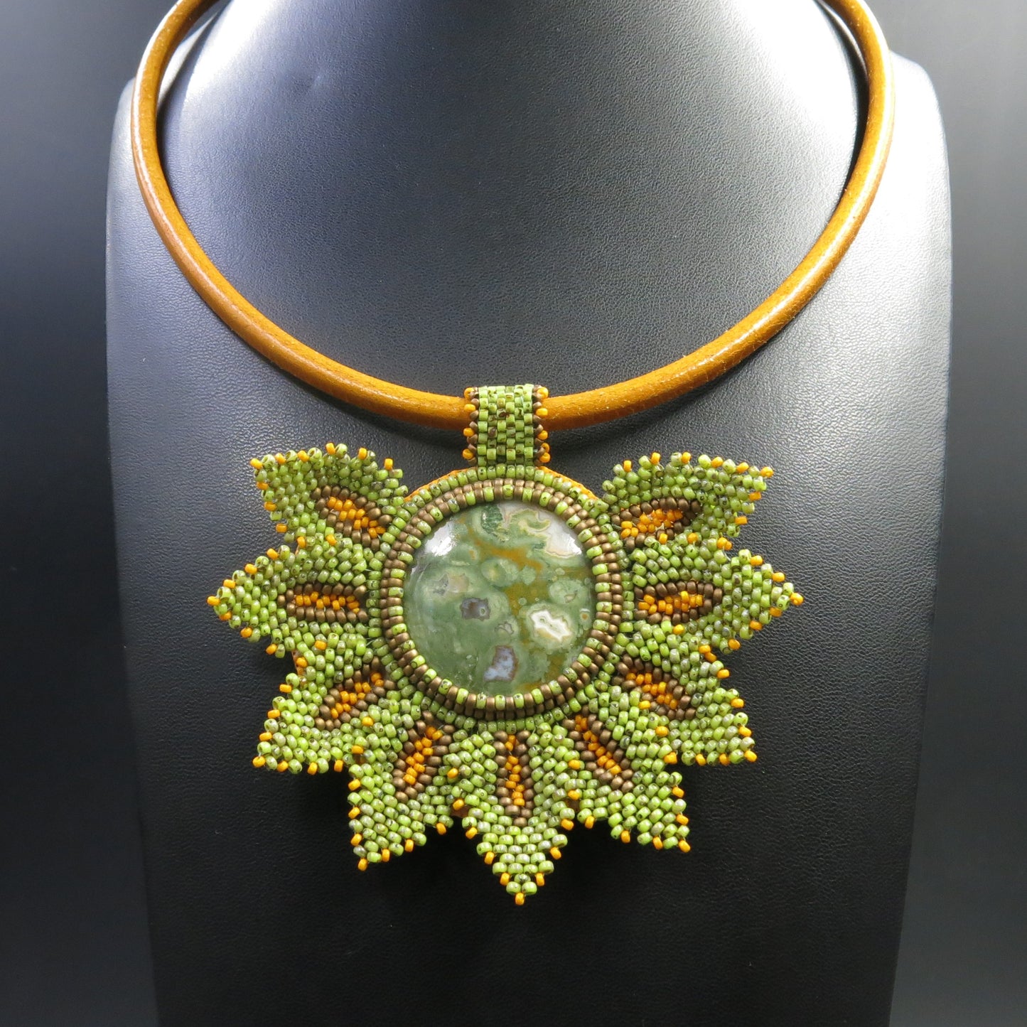 Embroidered necklace with rhyolite jasper