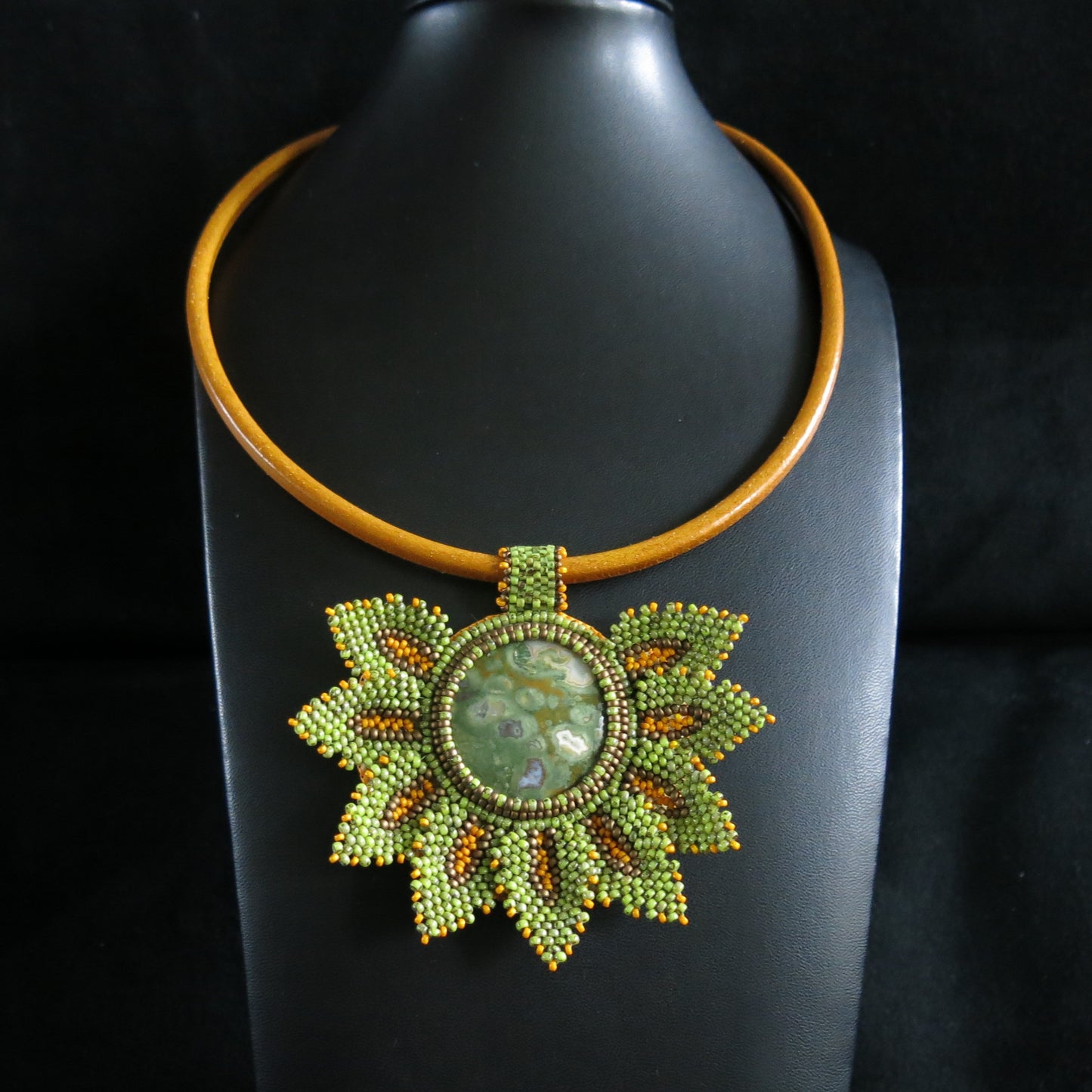 Embroidered necklace with rhyolite jasper