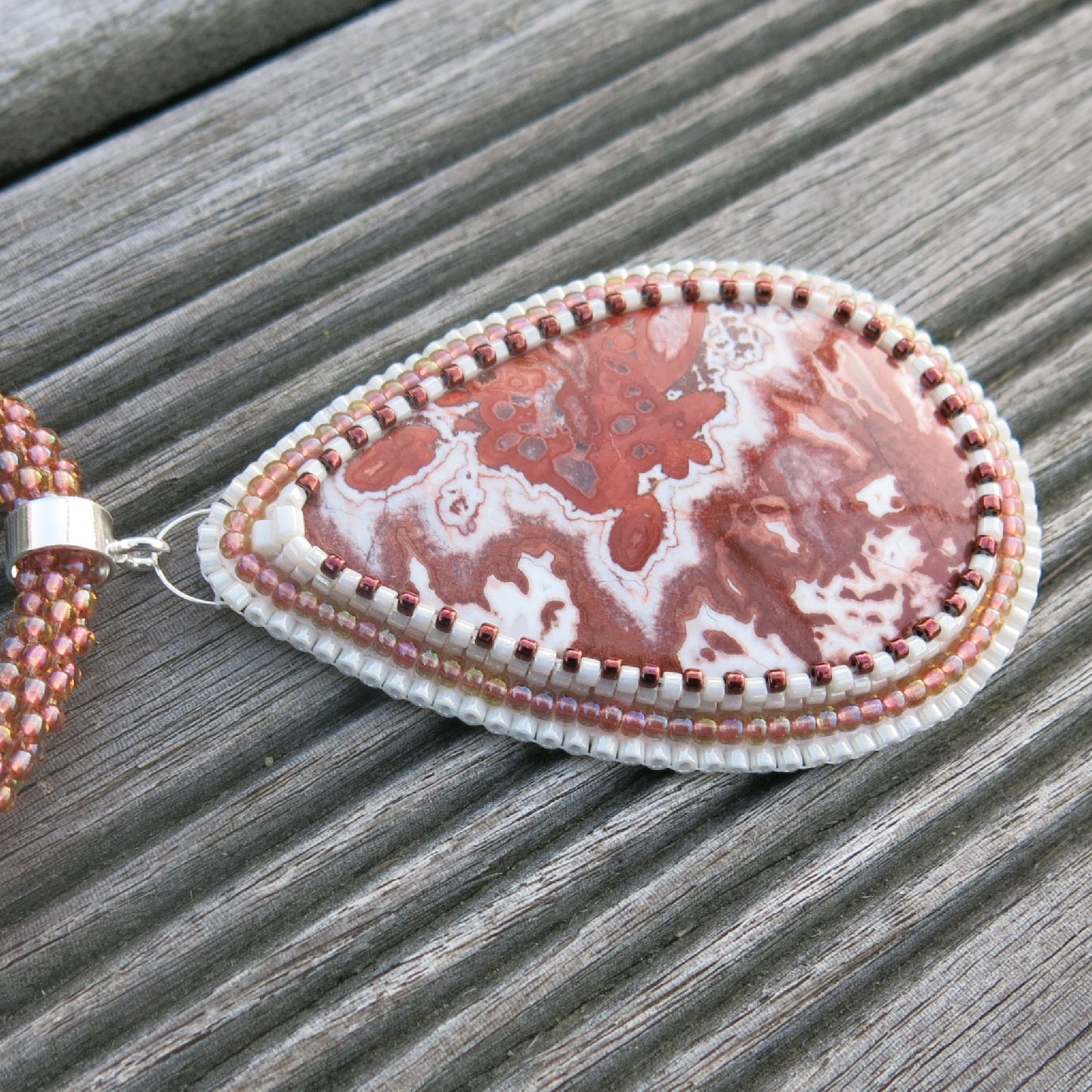 Embroidered necklace with Crazy lace agate