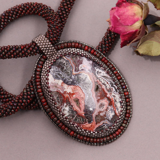 Embroidered necklace with crazy lace agate