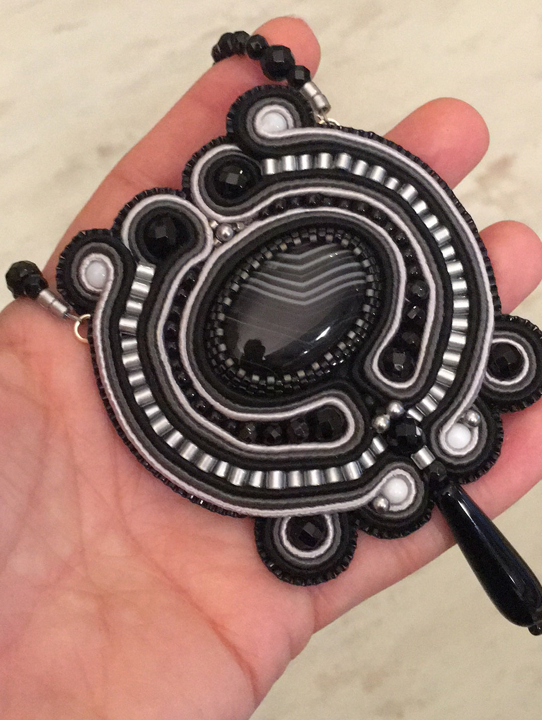 Embroidered necklace with black agate, Miyuki beads and soutache