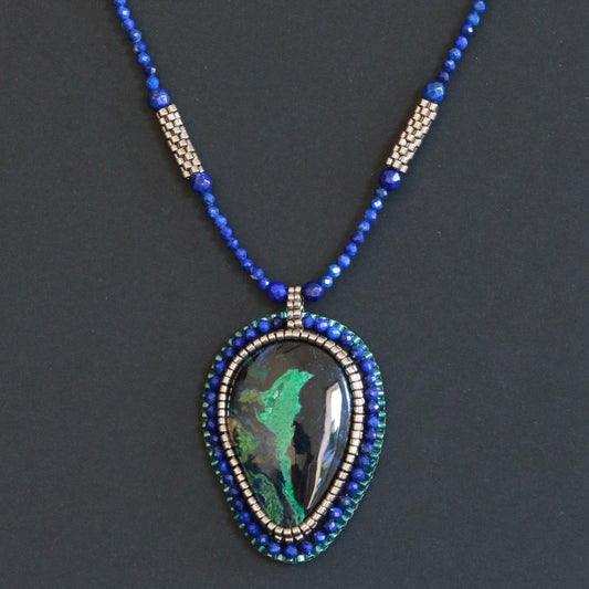 Embroidered necklace with azurite malachite and lapis lazuli