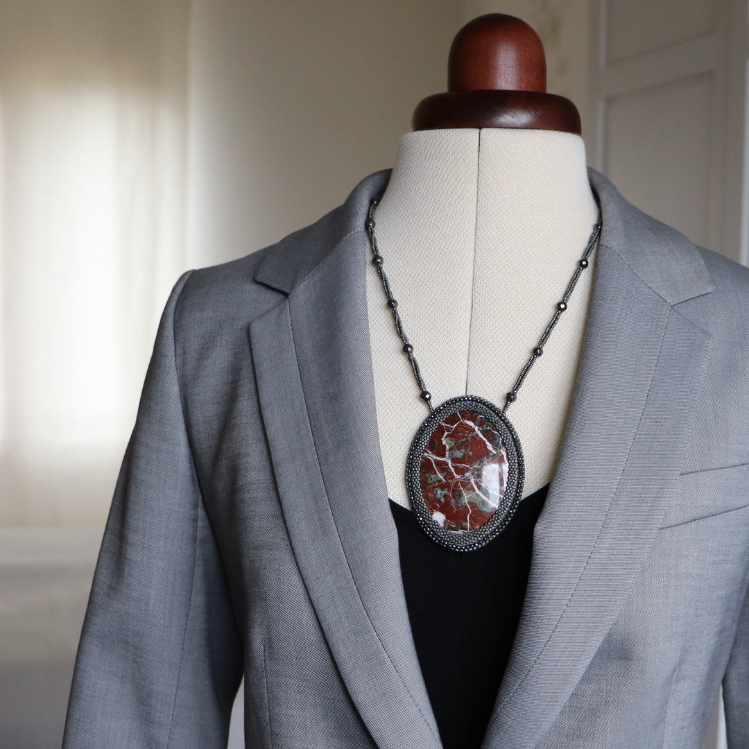 Embroidered necklace with red jasper