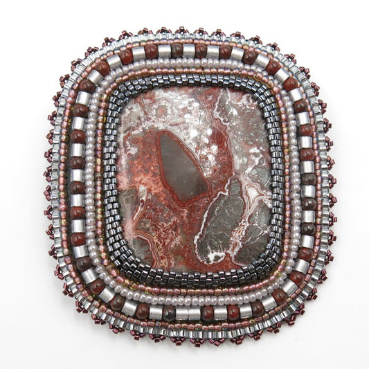 Embroidered brooch/pendant, CRAZY LACE agate, black/grey/red