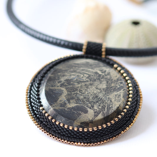 Embroidered necklace with pyrite