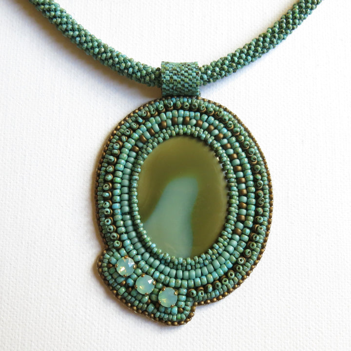 Embroidered necklace with imperial jasper and Swarovski crystals