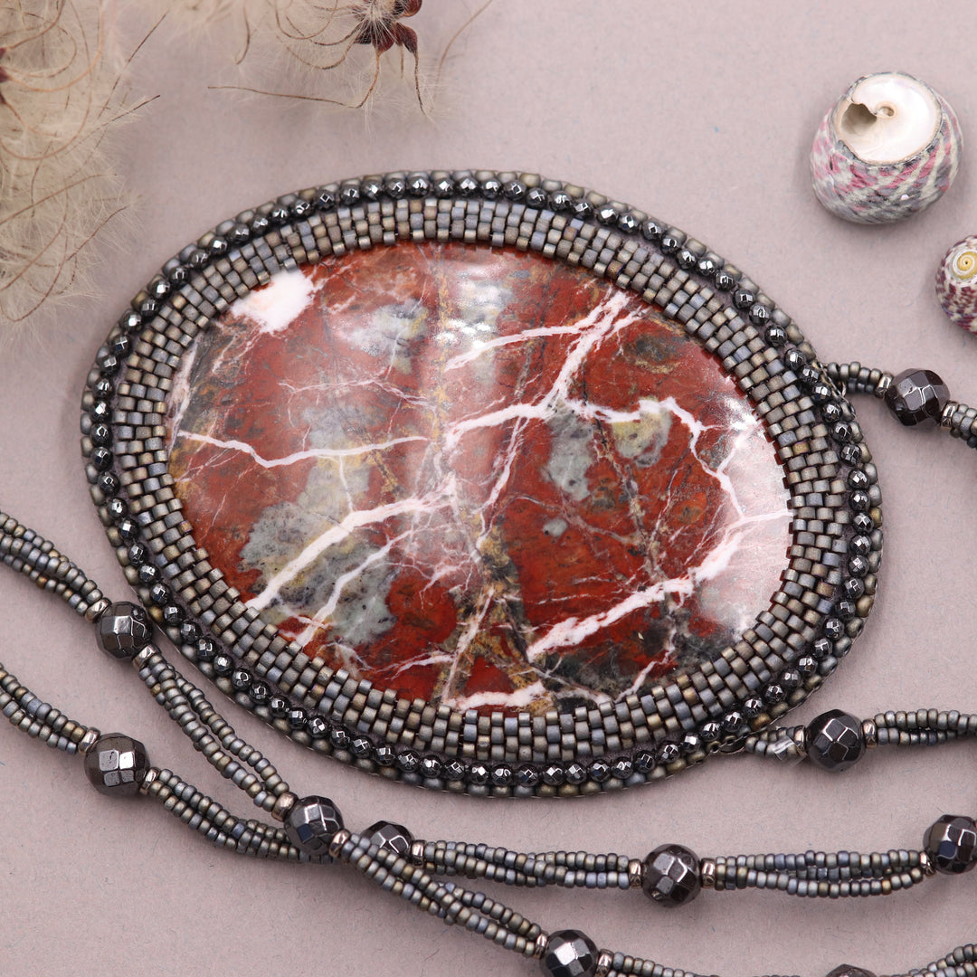 Embroidered necklace with red jasper