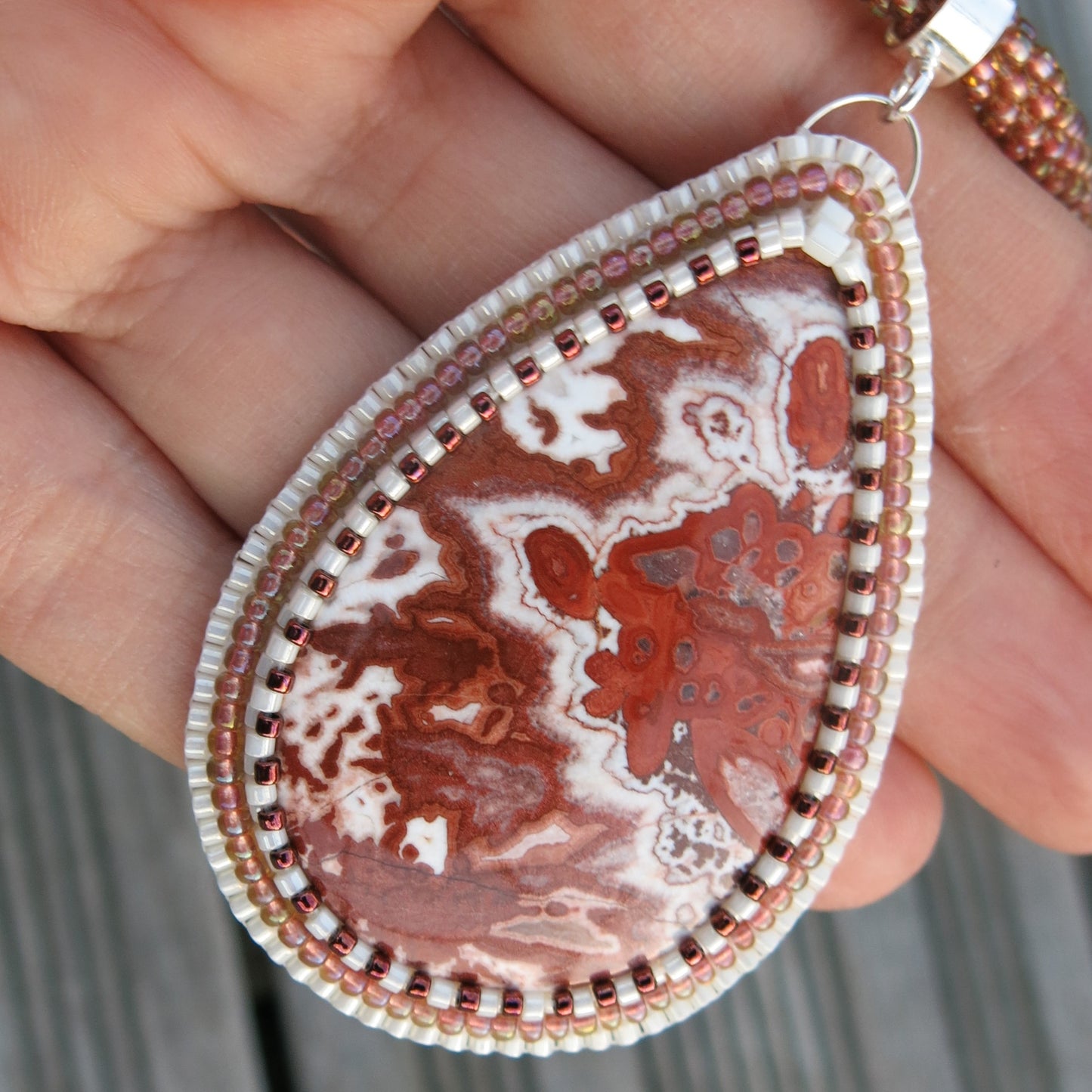 Embroidered necklace with Crazy lace agate