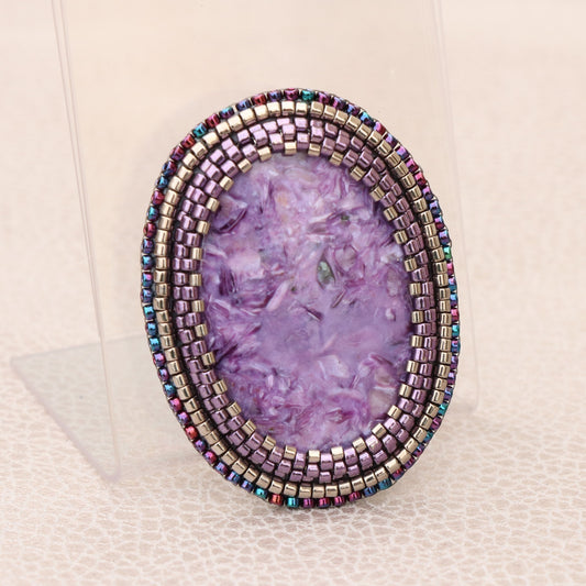 Embroidered brooch, charoite