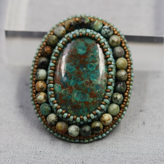 Embroidered brooch, chrisocolla
