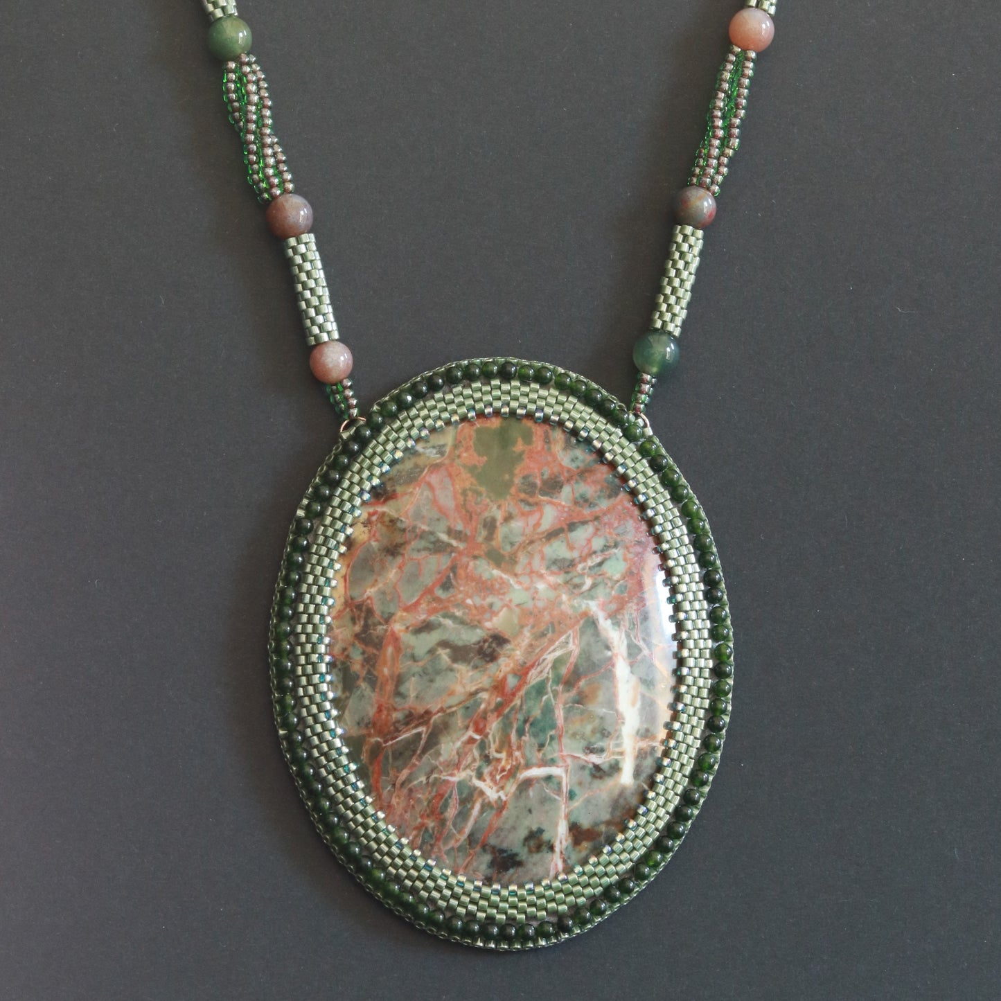 Embroidered necklace with jasper and agate