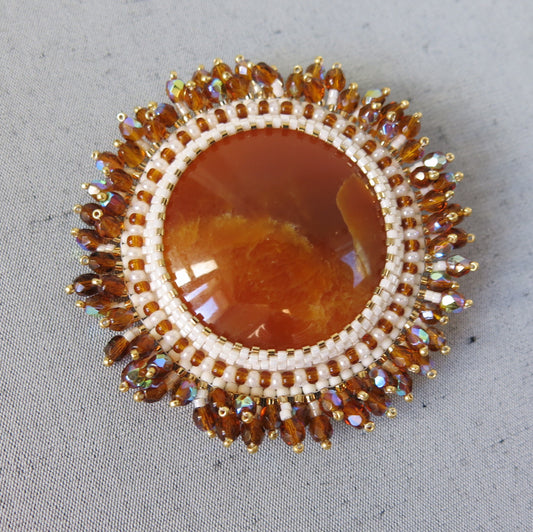Embroidered brooch, simbircite, caramel, "sun"