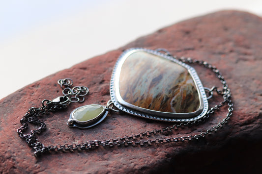 Pendant necklace with multicolored jasper and yellow sapphire, patinated 925 silver