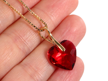 Necklace with Swarovski crystals, raspberry red, silver, HEART