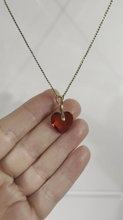 Necklace with Swarovski crystals, raspberry red, silver, HEART