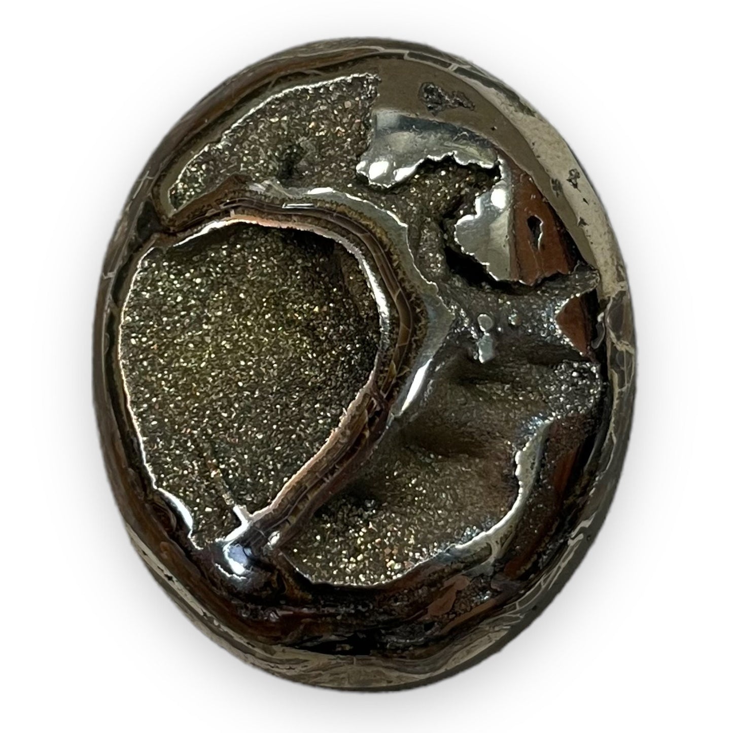 Pyritized ammonite, AM_P034, cabochon size, 42x30x11mm; 19.4g;