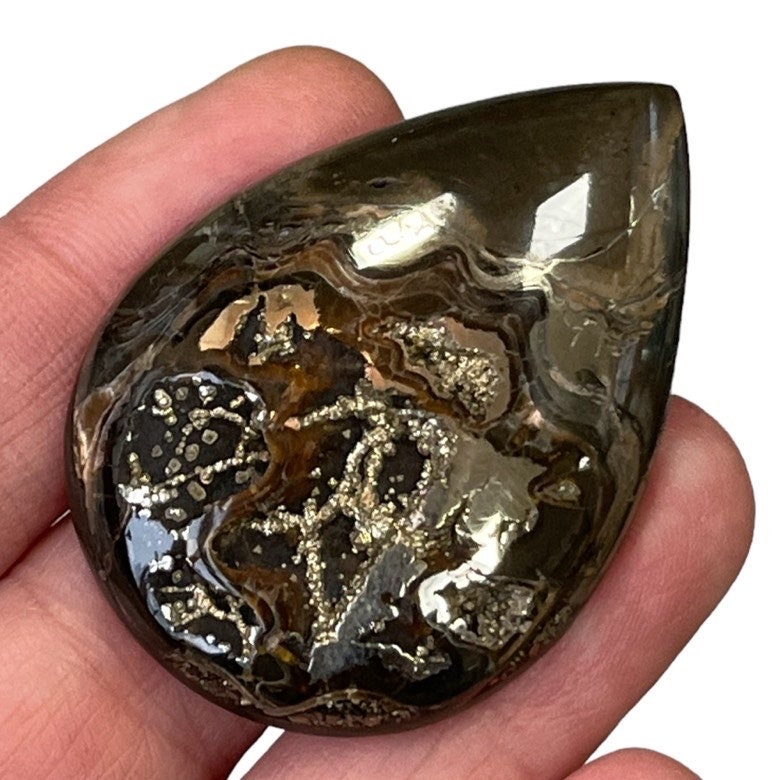 Ammonite pyritisée, AM_P078, taille cabochon, 48x34x8 mm; 18.8g;