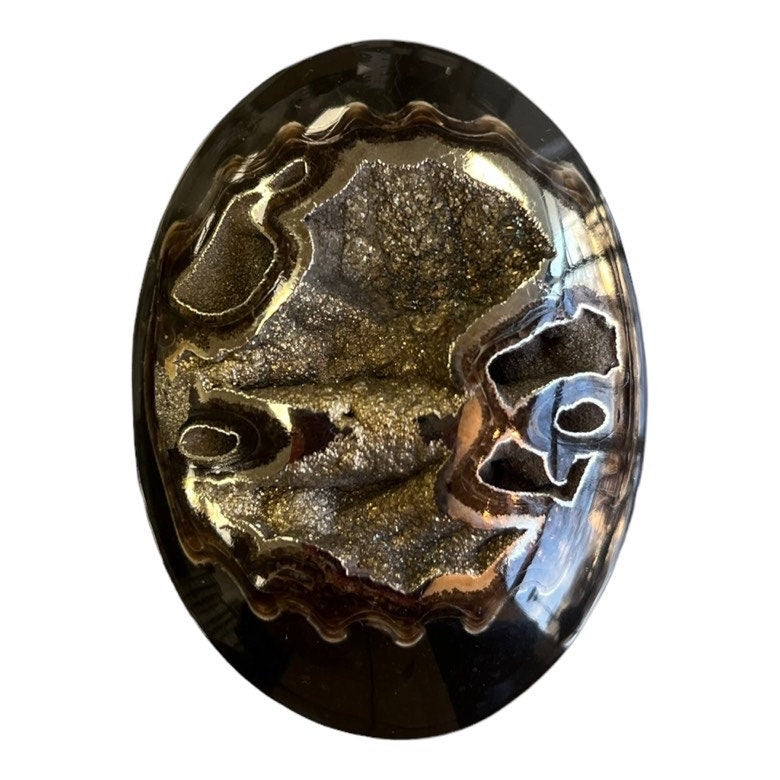 Ammonite pyritisée, AM_P058, taille cabochon, 62x46x10 mm; 41g;