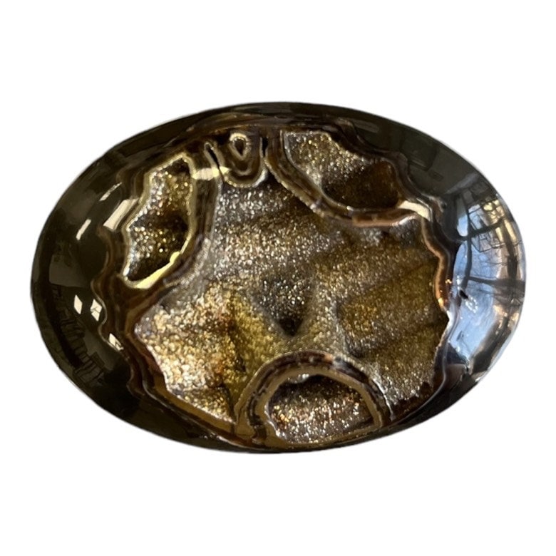 Ammonite pyritisée, AM_P039, taille cabochon, 45x32x9  mm; 16g;