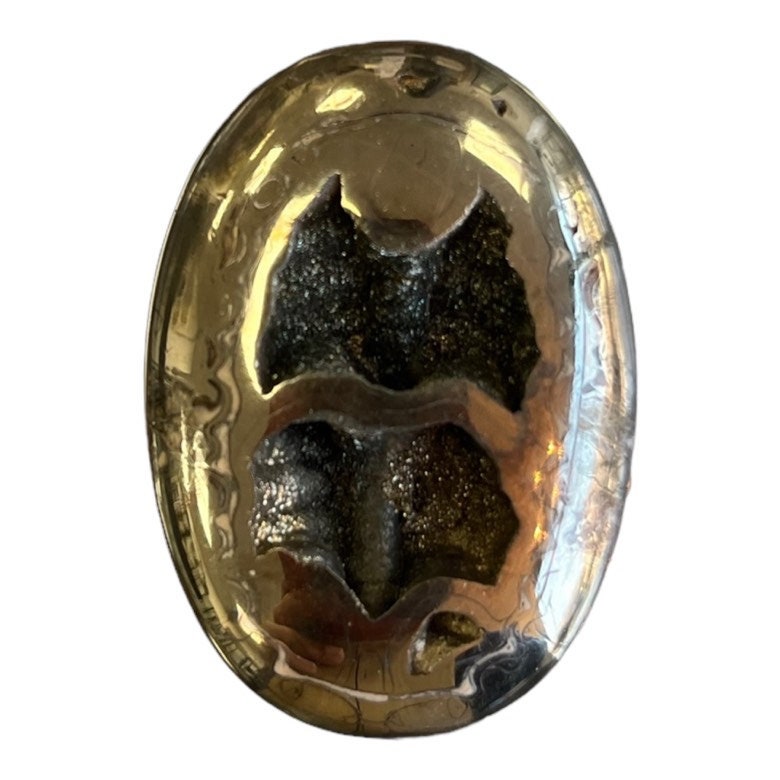 Ammonite pyritisée, AM_P073, taille cabochon, 45x32x7 mm; 20.3g;