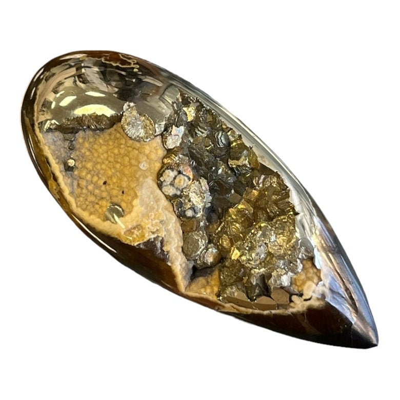 Ammonite pyritisée, AM_P033, taille cabochon, 58x24x10 mm; 22.6g;