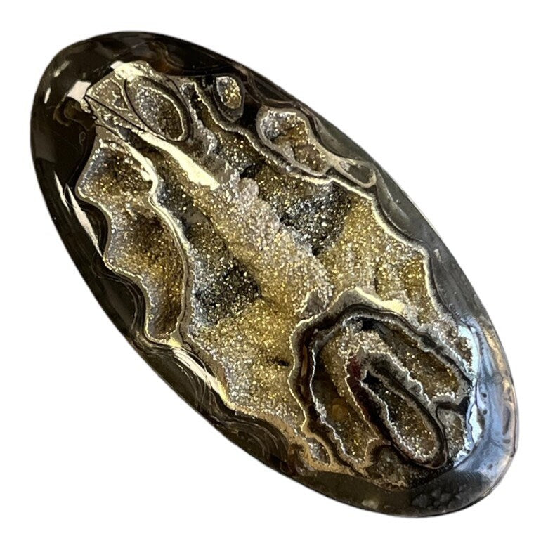 Ammonite pyritisée, AM_P069, taille cabochon, 54x27x7  mm; 13.1g;