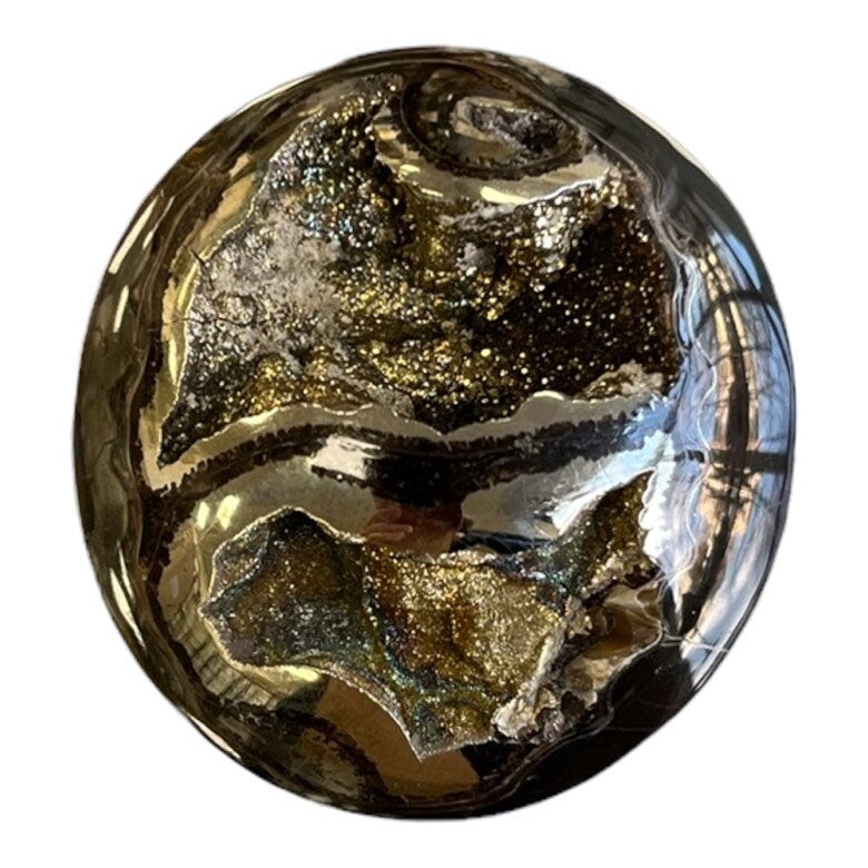 Pyritized ammonite, AM_P057, cabochon size, 48x45x15 mm; 40.4g;