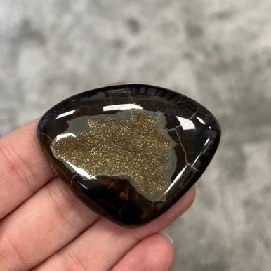 Pyritized ammonite cabochon, AM_P006, 54x42x8 mm; 26.4g, geode, pseudomorph, fossil, unique