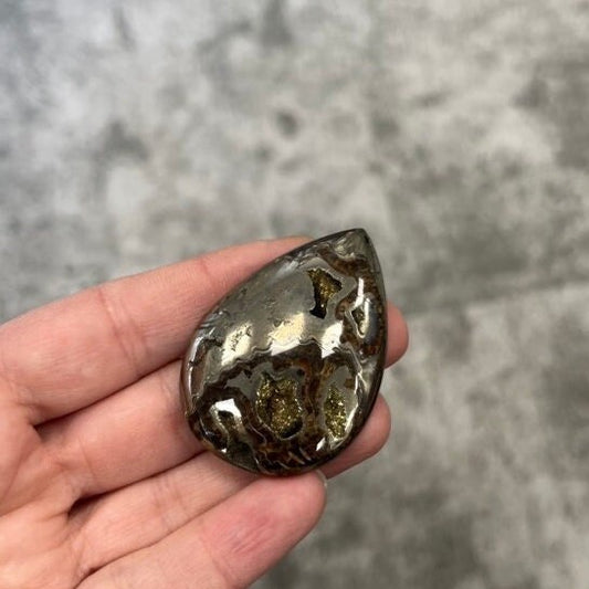 Ammonite pyritisée, AM_P080, taille cabochon, 50x36x10 mm; 27.6g;