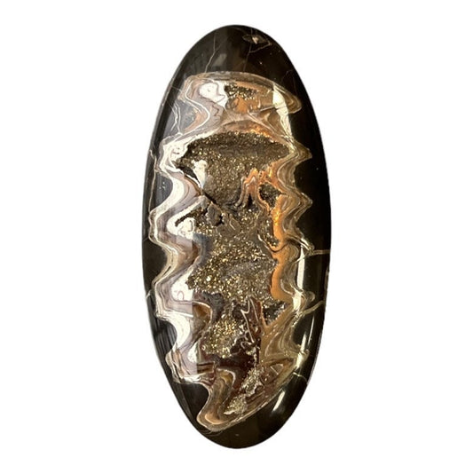 Ammonite pyritisée, AM_P099, taille cabochon, 51x23x6 mm; 11.2g;