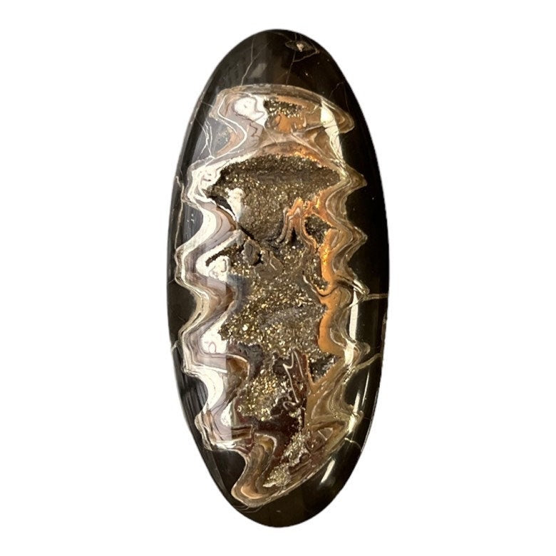 Ammonite pyritisée, AM_P099, taille cabochon, 51x23x6 mm; 11.2g;