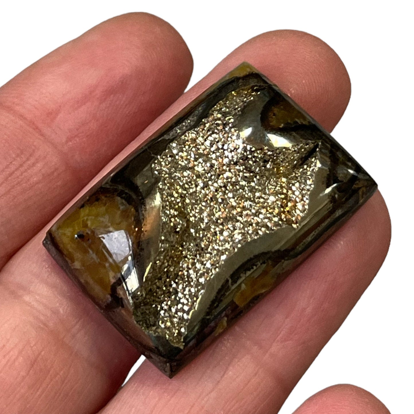 Ammonite pyritisée, AM_P032, taille cabochon, 31x21x9 mm; 12.2g